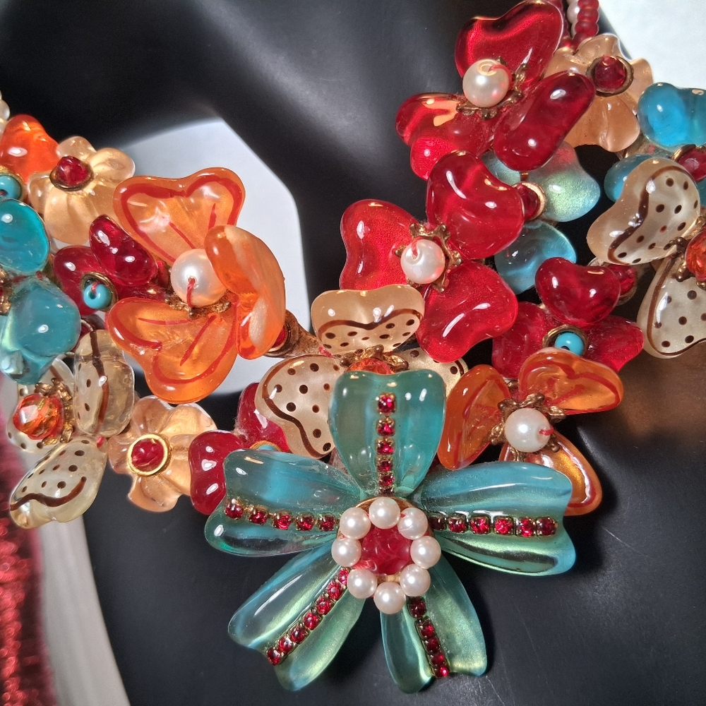 Orna Lalo Designer Necklace Handcrafted Recycled Resins Floral,Beads, Pearls 18"